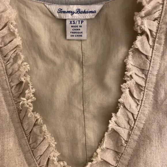 Tommy Bahama Beige Ruffled V-Neck Dress - XS tan linen with pockets - Picture 3 of 5
